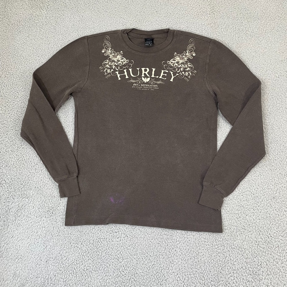 Hurley Thermal Shirt Men M Brown Y2K  Skater Waffle Knit Long Sleeve